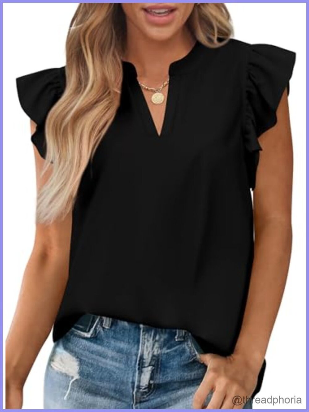 Womens V Neck Ruffle Cap Sleeve Tunic Blouse Casual Loose Fit Top